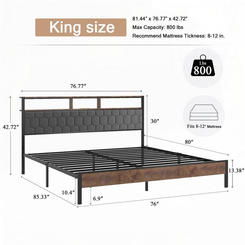 wooden platform bed frame, bedside with soft package and 2 USBs