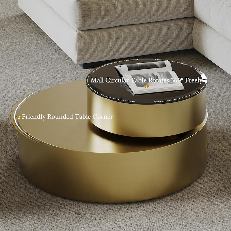 Luxury Round Coffee Table with 2 Tier Rotatable Top Circle Coffee Table with 360° Swivel Top for Living Room Apartment