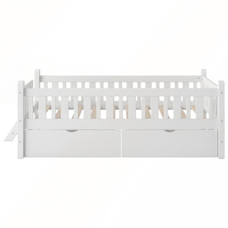Wood Twin Size Platform Bed with Guardrail and 2 Drawers