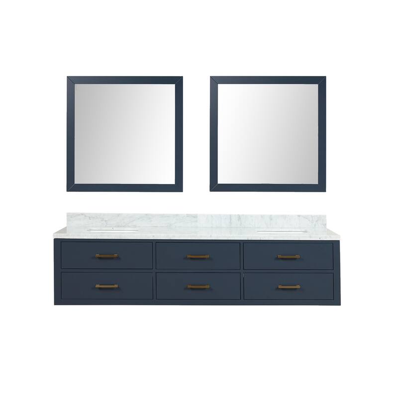 Lexora Castor Double Bath Vanity, Carrara Marble Top, and Mirrors - 80 Inch - Blue