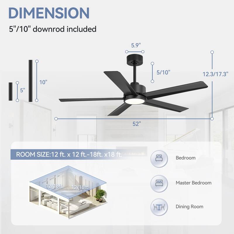 52 Inches 5-Blade Black Integrated LED Ceiling Fan with Light Kit and Remote