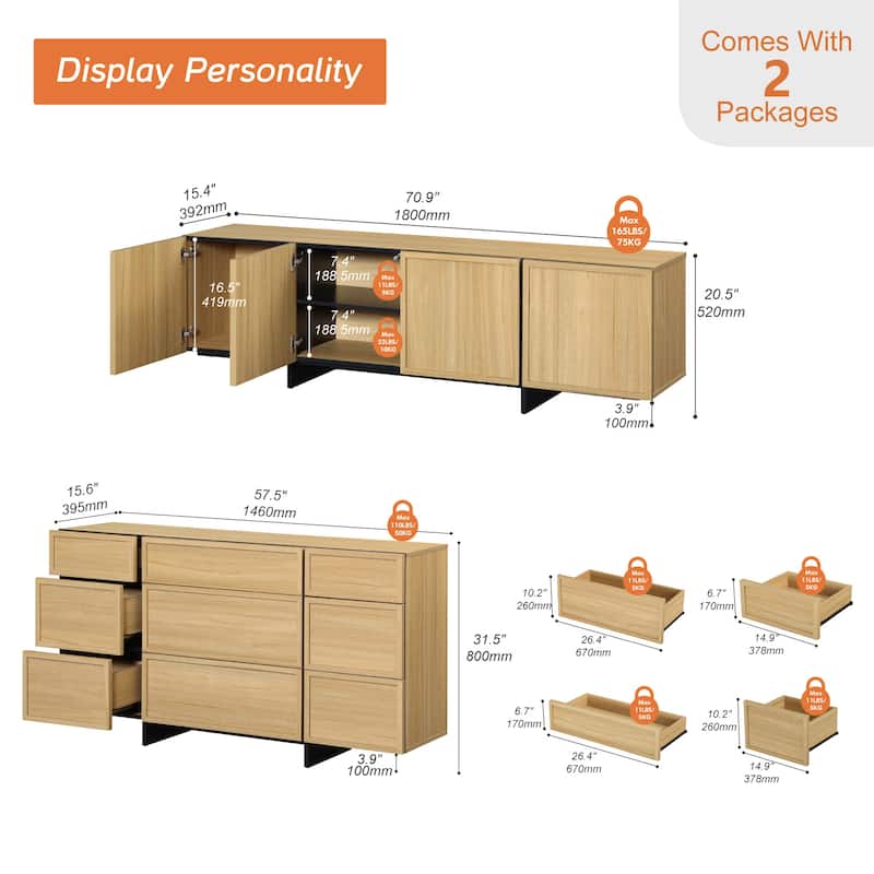 WAMPAT Modern TV Stand and 9-drawer Storage Cabinet Set of 2 for Living Room - TV Stand+dresser