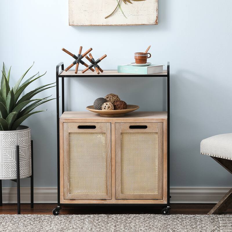 Brown and Black Mobile Natural Wood Double Tilt-Out Laundry Hamper Storage Cabinet