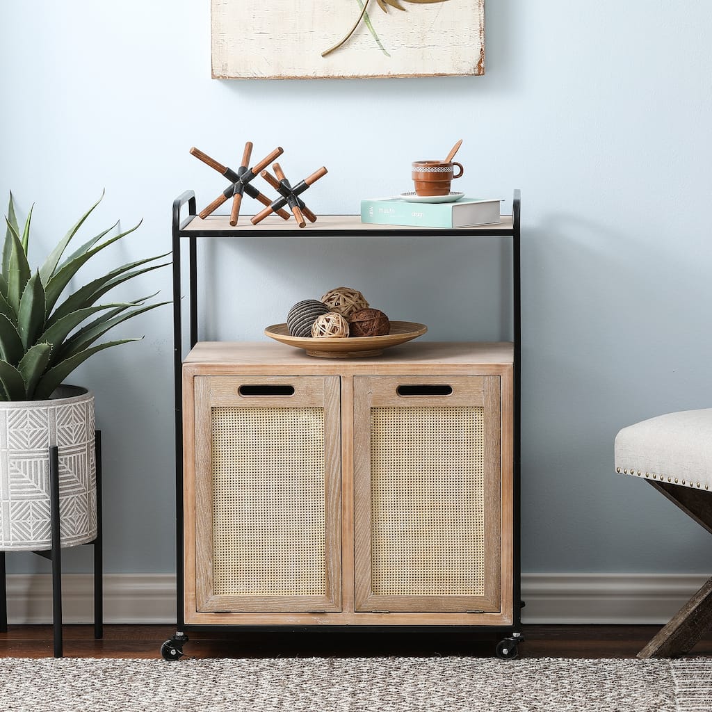 Brown and Black Mobile Natural Wood Double Tilt-Out Laundry Hamper Storage Cabinet