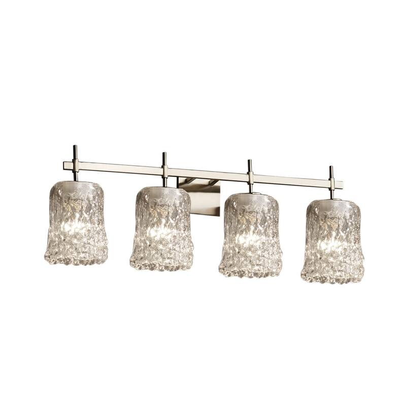 Justice Design Veneto Luce Union 4-light Brushed Nickel Bath Bar, Clear Textured Cylinder - Rippled Rim Shade - Brushed Nickel