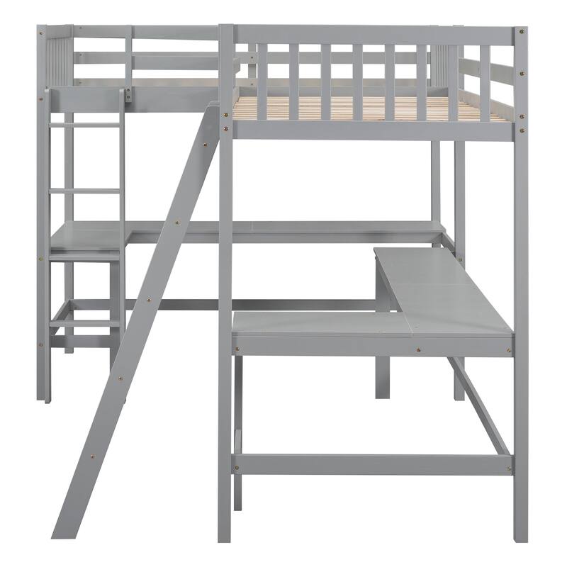 Space-Saving Twin L-Shaped Loft Bed with 2 Built-in Desks, Ladder, and Wooden Slat Support
