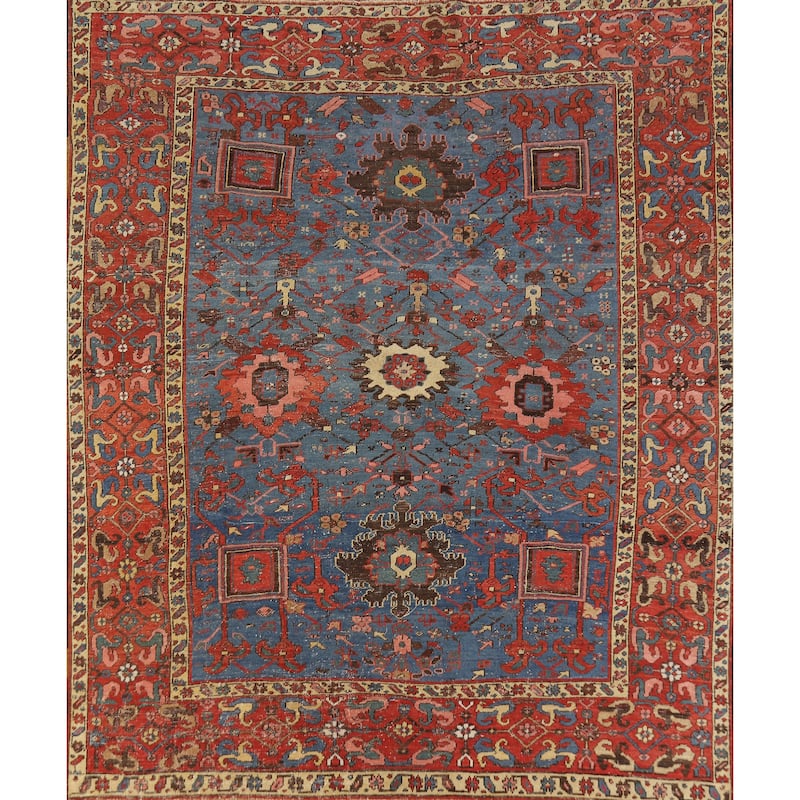 Hand Knotted Oriental 100% Wool Carpet Traditional Geometric Navy Blue & Blues Heriz Area Rug - 8' 5'' X 7' 11''