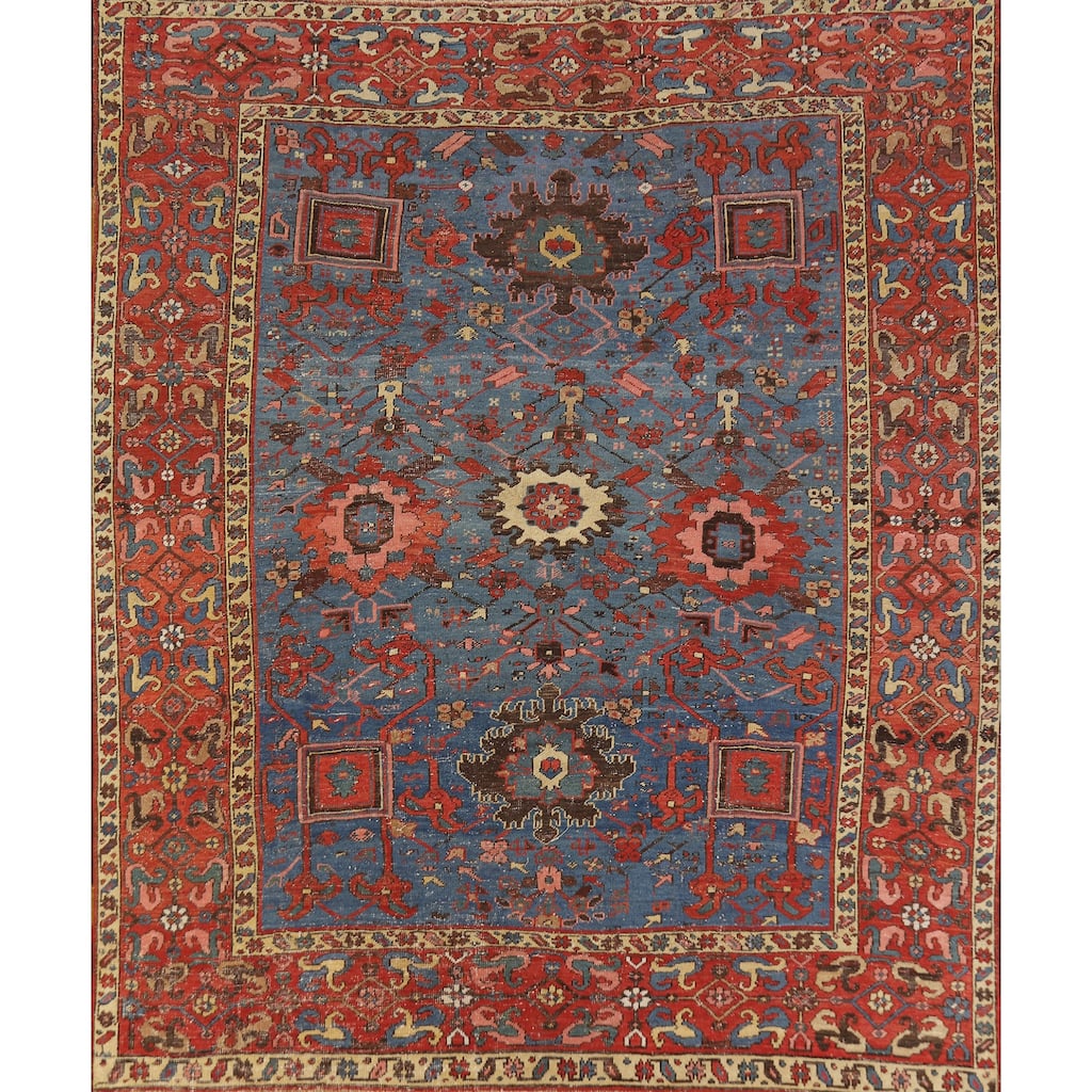 Hand Knotted Oriental 100% Wool Carpet Traditional Geometric Navy Blue & Blues Heriz Area Rug - 8' 5'' X 7' 11''