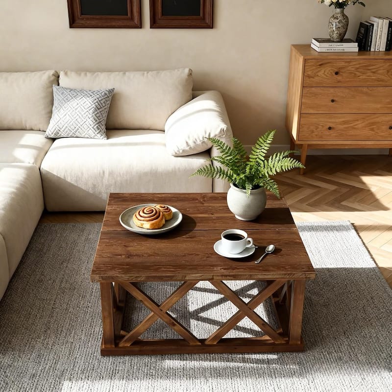 Solid Wood Coffee Table, 39.37-Inch Square, Farmhouse Style, Reinforced X-Frame, Brown, for Living Room, Apartment, Office