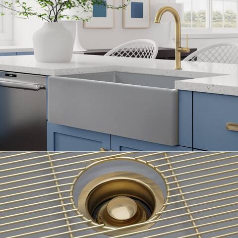 Fossil Blu 33-Inch SOLID Fireclay Farmhouse Sink, Matte Gray, Matte Gold Accessories, Flat Front - 33 x 20 x 10