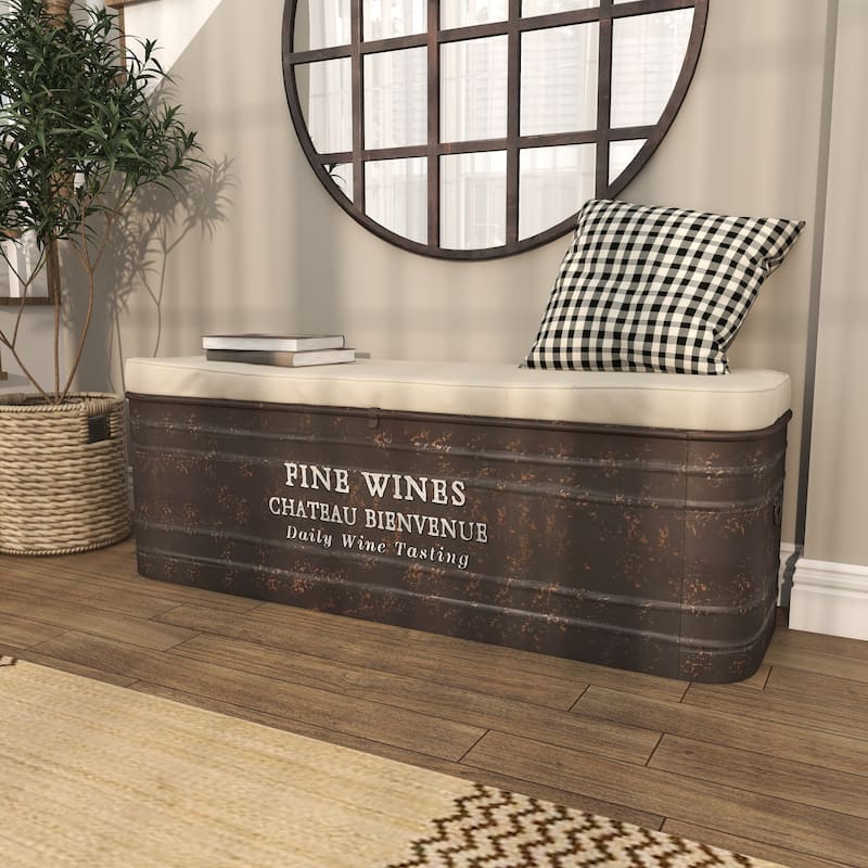 Brown Metal Storage Bench with Cream Burlap Top and Champagne Typography