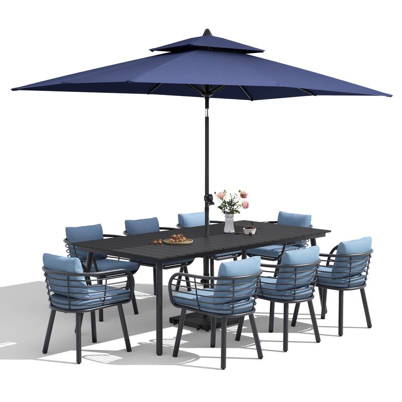 11-Piece Outdoor Patio Dining Set with Sunbrella Cushion Aluminum Dining Table and Chairs w/10 ft Umbrella and Base with Wheels