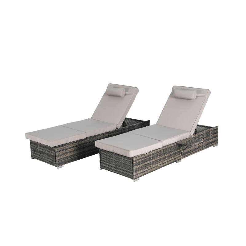 Outdoor Chaise Lounge Chair Set of 2 with Storage Patio Pool Chairs Tanning Lounges for Outside, Beach Rattan Recliners