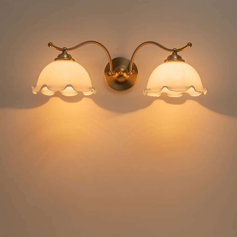 2-Light Gold Metal Wall Sconce with Flower Milky White Glass Shades