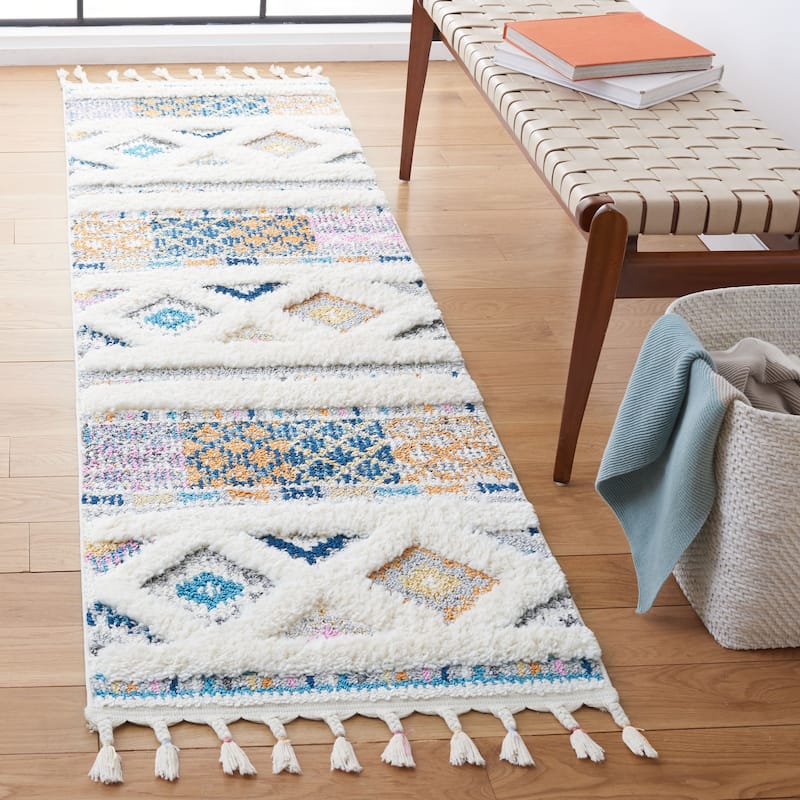 SAFAVIEH Moroccan Fringe Shag Mozell Rug - 2'2" x 8' Runner - Ivory/Navy