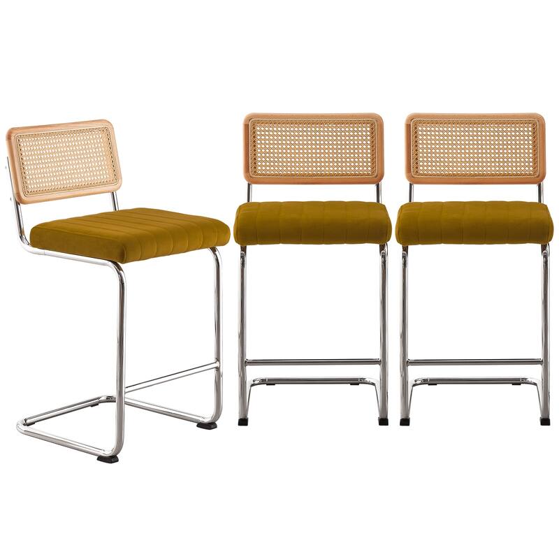 Velvet Upholstered Rattan Counter/Bar Stools, Set of 2/3 - Set of 3 - 26"Yellow