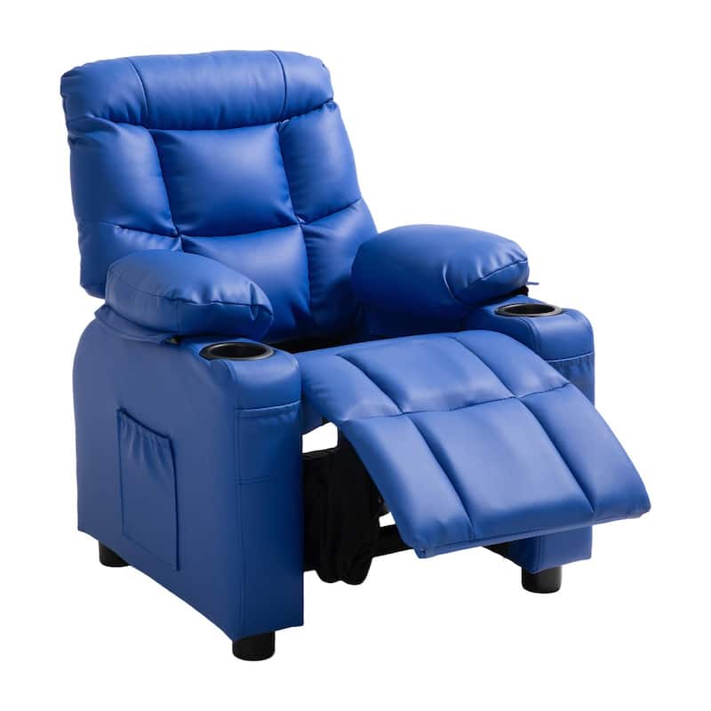 Blue Wooden Frame Kids Recliner with Adjustable Backrest, Cup Holders and Storage - 25.8 x 30.3 x 26.4 in - Blue