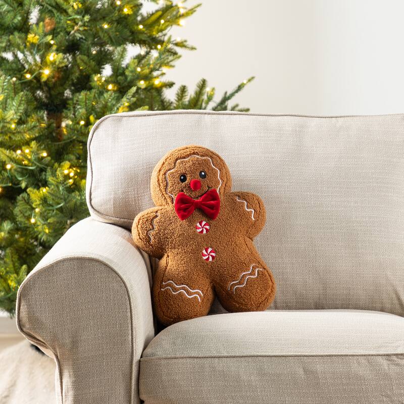 Glitzhome Set of 2 Christmas Gingerbread Man and House Shaped Throw Pillows