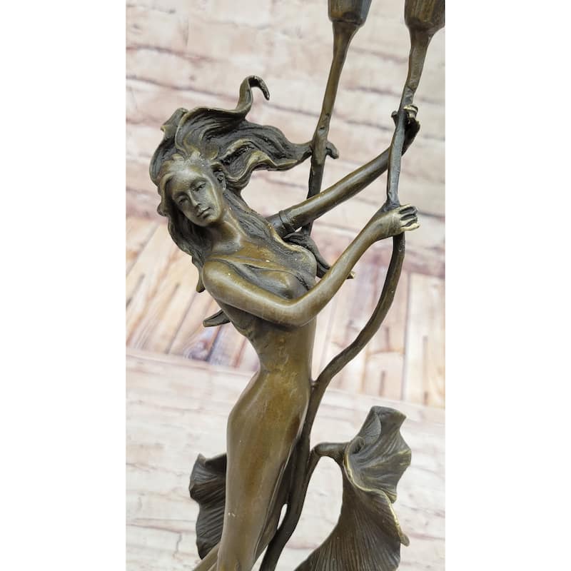 Tulip Young Girl Candlestick Statue Bronze Art Deco Candleholder Sculpture