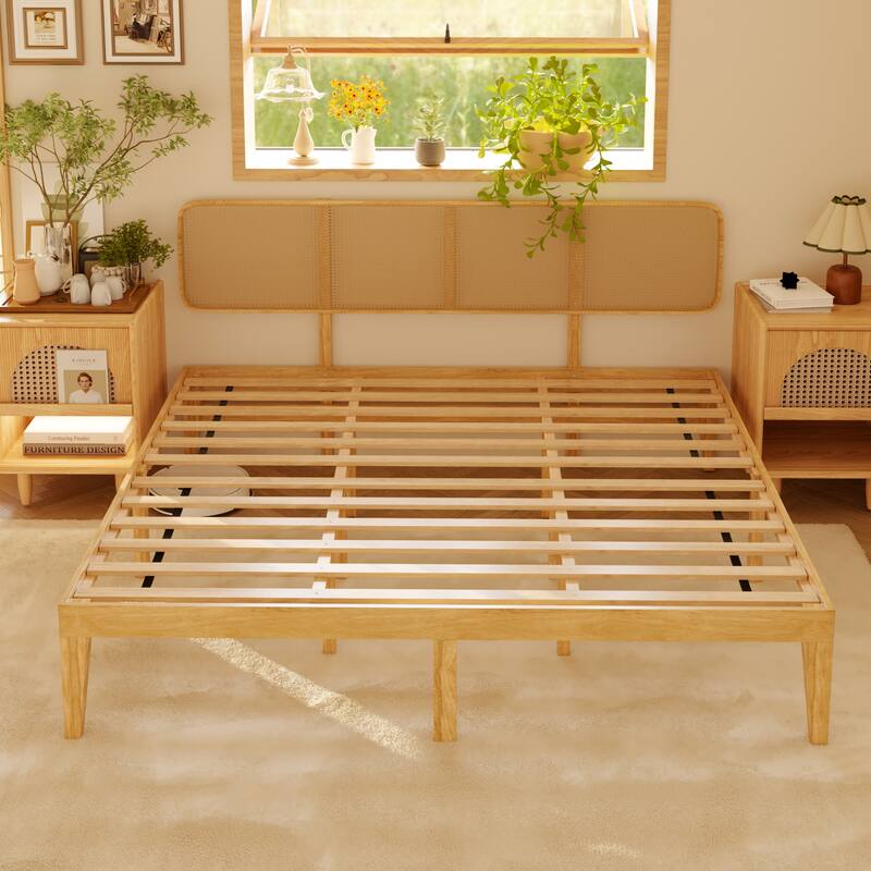 Solid Wood Platform Bed Frame with Rattan Headboard, 600 lbs Heavy Duty Support, Plywood Slats Queen / Full Size