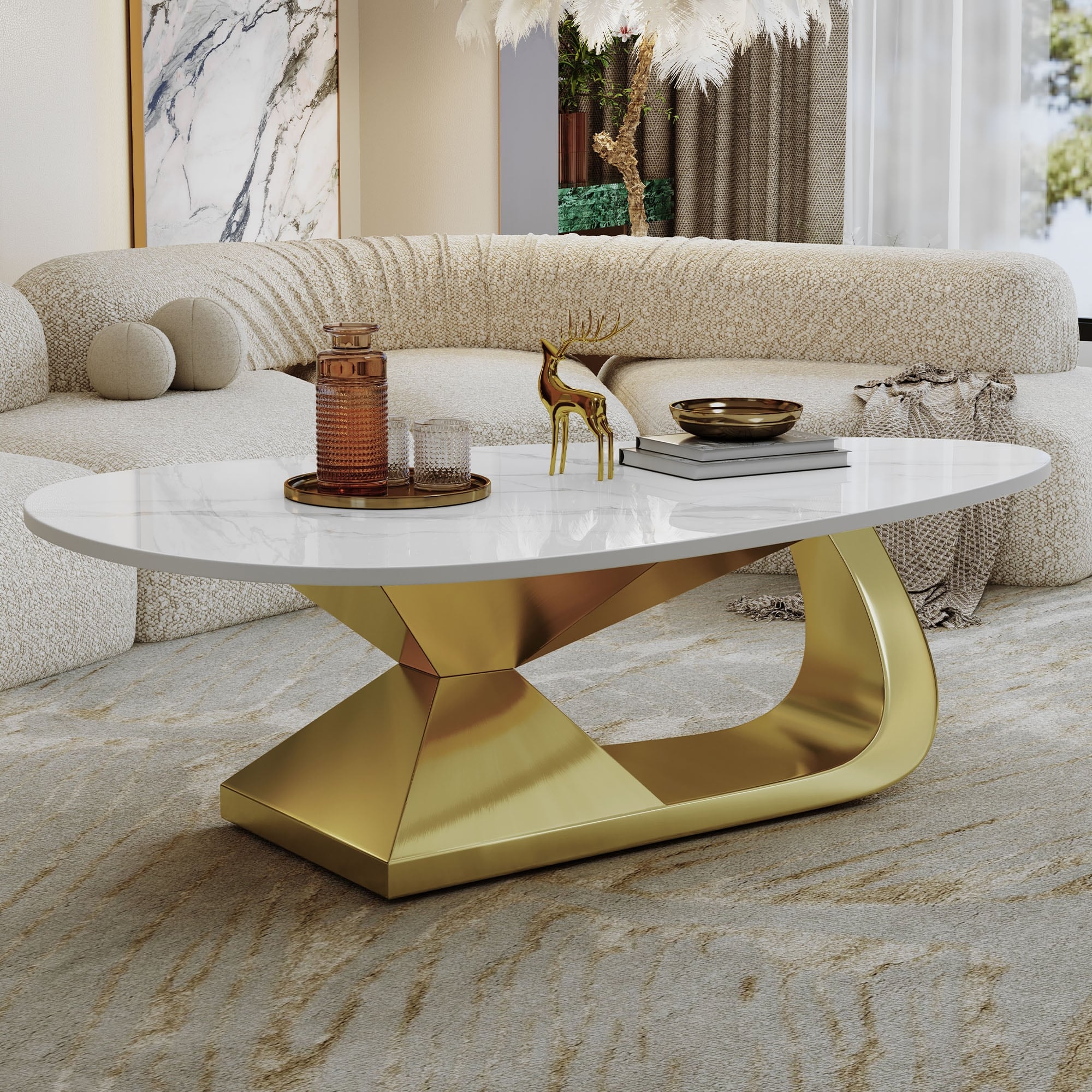 GDFStudio - Contemporary 51.2" Oval Sintered Stone Coffee Table with Sculptural Stainless Steel Base