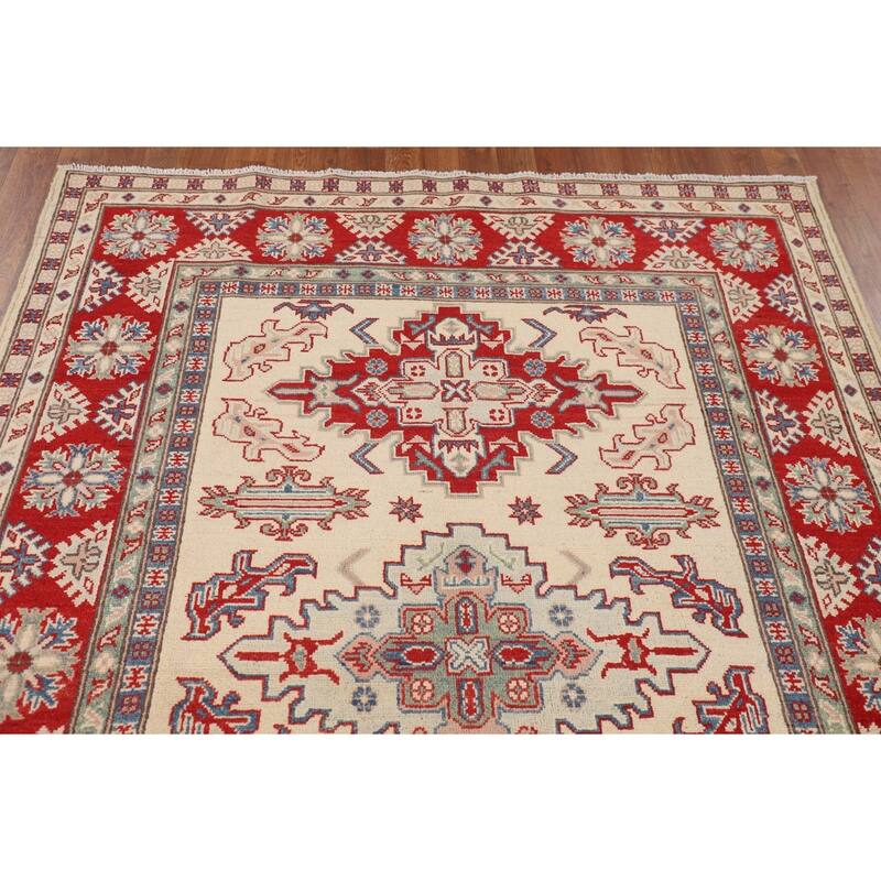 Beige / Ivory Kazak Area Rug Hand-Knotted Wool Carpet - 5'1" x 6'11"