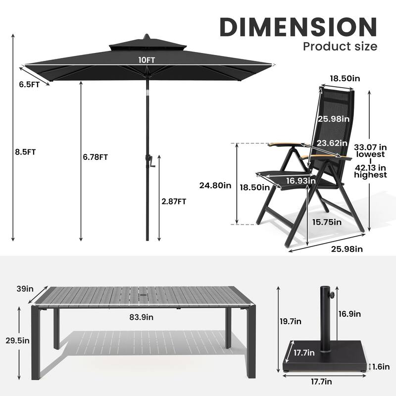 9/11-Piece Outdoor Patio Dining Set Aluminum Dining Table and Chairs w/10 ft Market Umbrella and Base