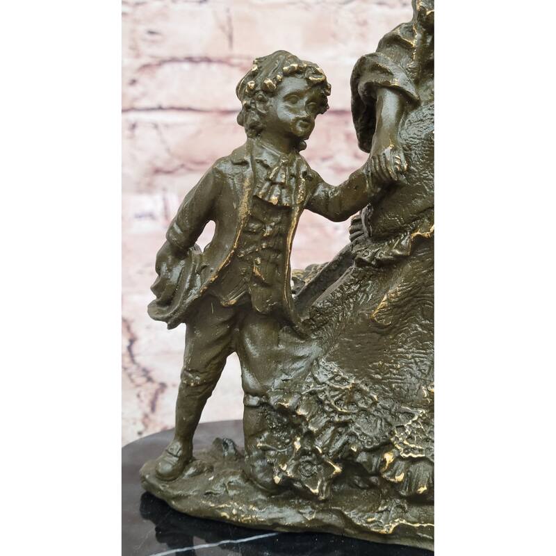 Bronze Victorian Lady And Boy Sculpture On Marble Base