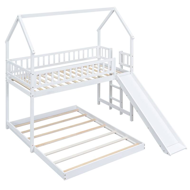 Twin Over Full House Bunk Bed with Slide and Built-in Ladder, Full-Length Guardrails