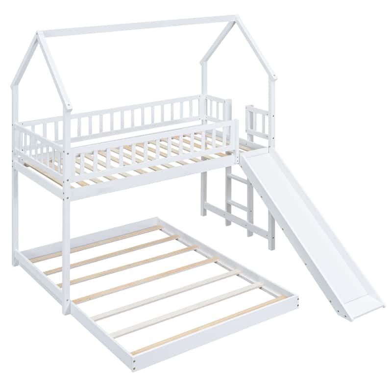 Twin over Full Bunk Bed w/Slide,Built-in Ladder,Full-Length Guardrail
