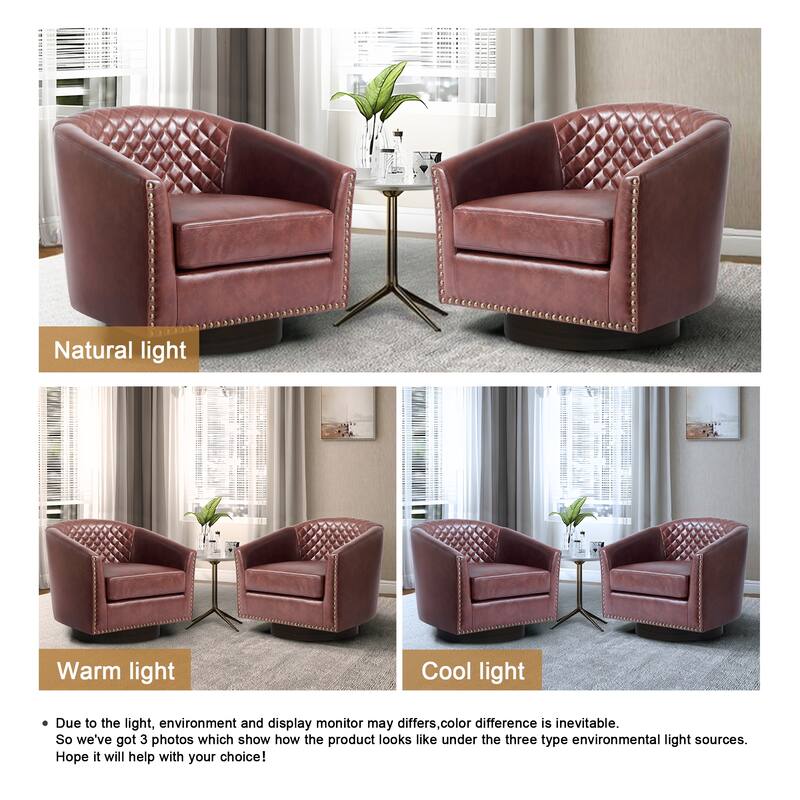 2 Set Tufted PU Vegan Leather Swivel Barrel Chair with Nailheads Trim
