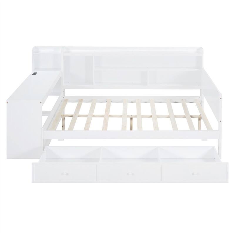 Twin/Full Daybed with 3 Storage Drawers and Bedside Desk, Wooden Day Bedframe Sofa Bed with Storage Shelves and USB Ports