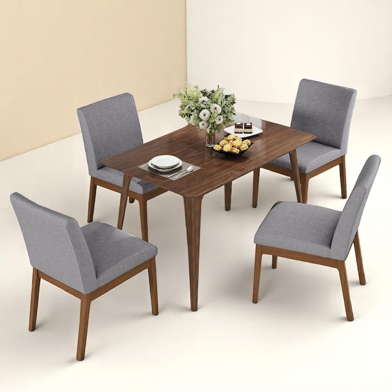 5-Piece Dining Table Set with Faux Wood Top Table and Upholstered Rubberwood Chairs, Modern Style - Walnut Grey