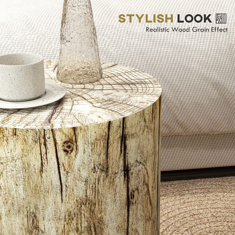 Tree Stump Stool, Decorative Side Table with Round Tabletop, Concrete End Table with Wood Grain Finish for Indoors and Outdoors