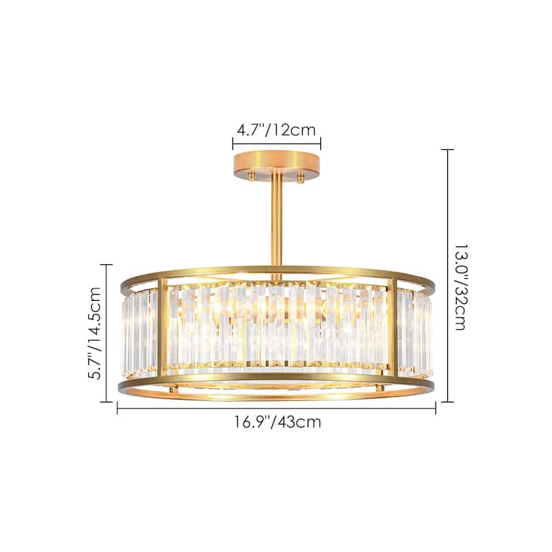 4-Light Mid-Century Modern Black/Gold Drum Crystal Semi-Flush Mount Ceiling Light