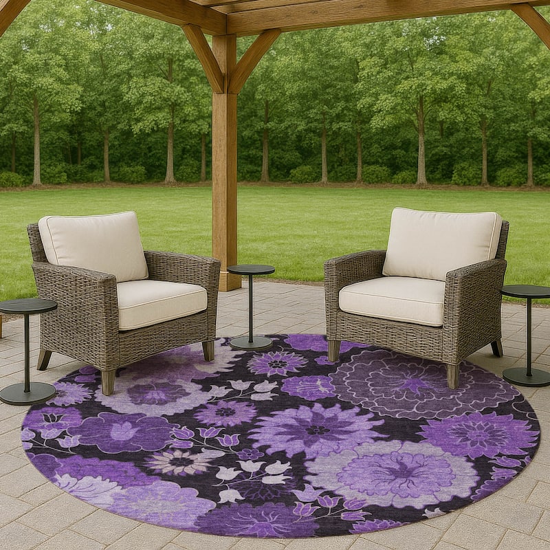 Machine Washable Indoor/ Outdoor Modern Floral Chantille Rug - Purple - 8' x 8'