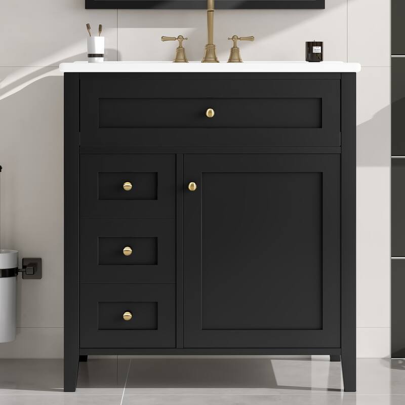 30-Inch Bathroom Vanity with Sink, Modern MDF and Rubberwood Cabinet with 3 Drawers and Adjustable Shelf, Freestanding