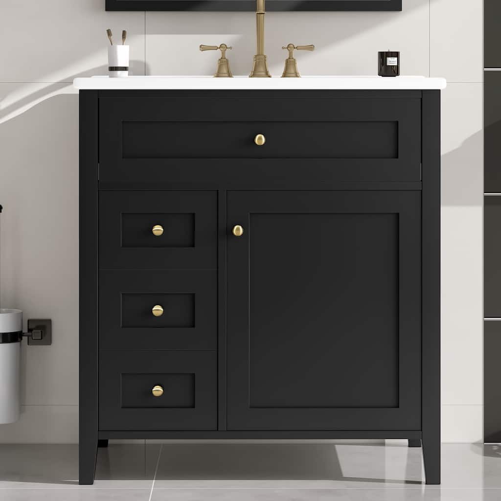 Modern Bathroom Vanity with Sink, 30-Inch Freestanding Cabinet with 3 Drawers, MDF & Rubberwood Makeup Desk
