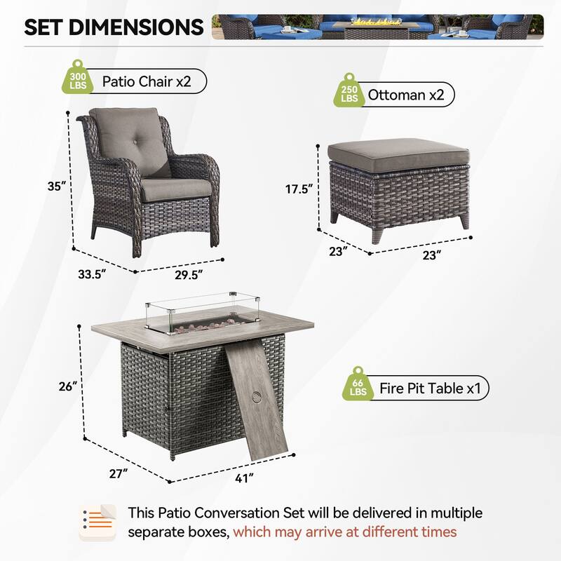 Fire Pit Table with Patio Chairs Ottomans Grey-Grey - Grey
