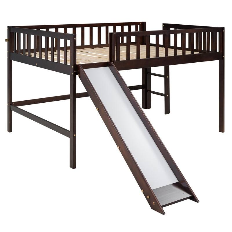 Full Size Low Loft Bed with Ladder and Removable Slide Suitable For