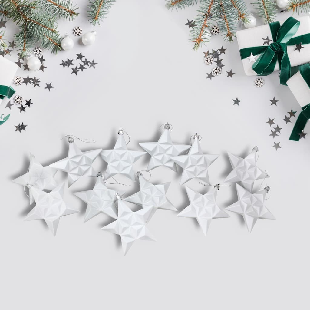 12ct White Matte Glittered Star Shatterproof Christmas Ornament 5"