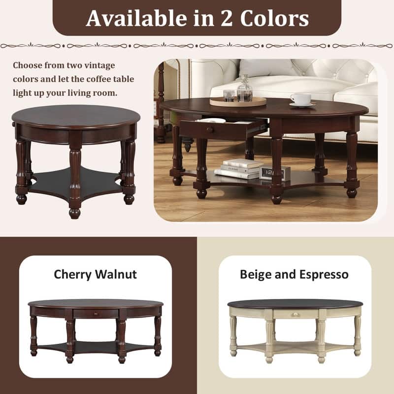 Vintage Oval Coffee Table with Drawer and Storage Shelf, Antique Cocktail Table in 45"
