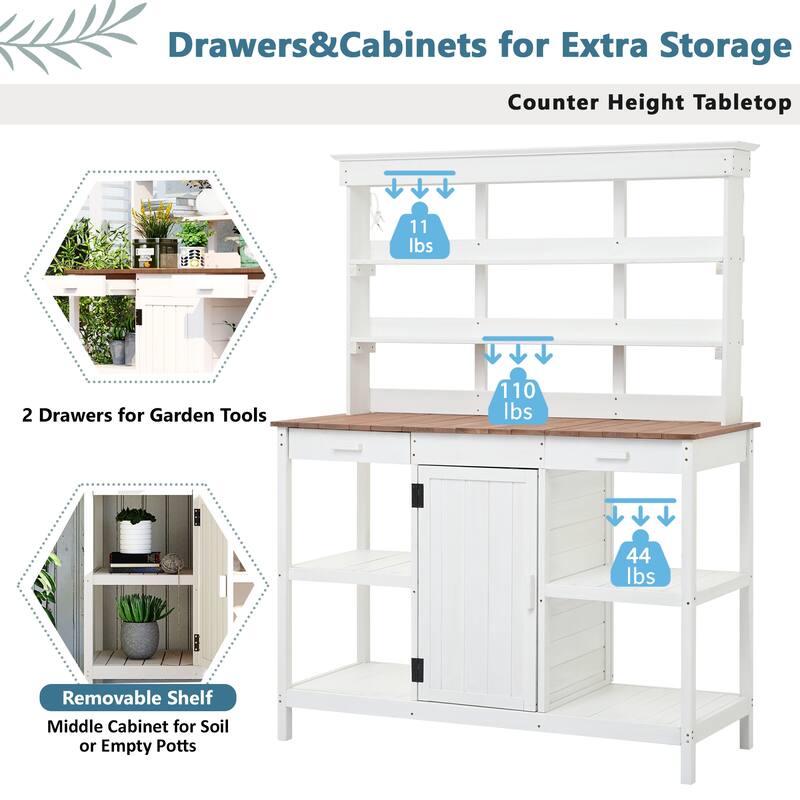 Outdoor Wooden Potting Bench Table, Garden Potting Bench with Cabinet, Patio Workstation with 4 Open Shelves and 2 Drawers