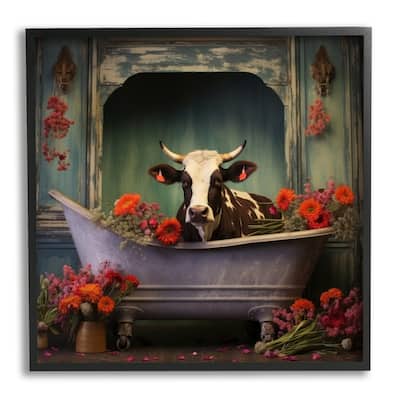 Stupell Cow in Vintage Floral Tub Framed Giclee Art Design by Lazar Studio