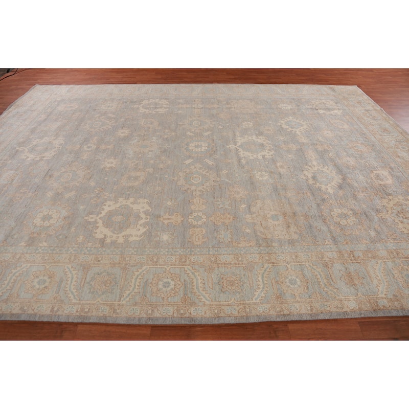Hand Knotted Oriental 100% Wool Carpet Transitional All-Over Greys & Charcoal Oushak Area Rug - 14' 0'' X 10' 1''