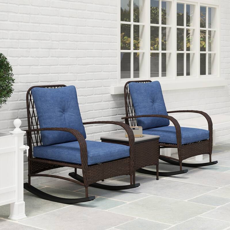 3-Piece Garden Furniture Set with Tufted Cushions Rocking Chairs and Table for Patio - Chair-29.3" W x 33.1" D x 39" H