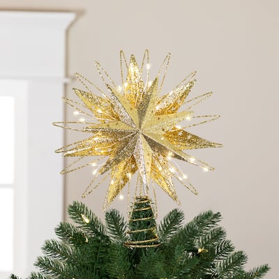 LED Lighted Glittered Starburst Christmas Tree Topper - 13" - Gold - White Lights