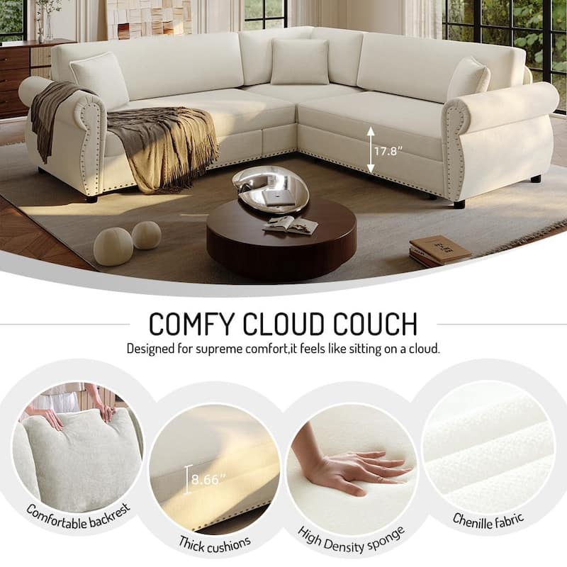 88.2" L-Shaped Sleeper Sectional Sofa with Pull-Out Bed - Chenille Convertible Couch, Nailhead Trim, for Living Room