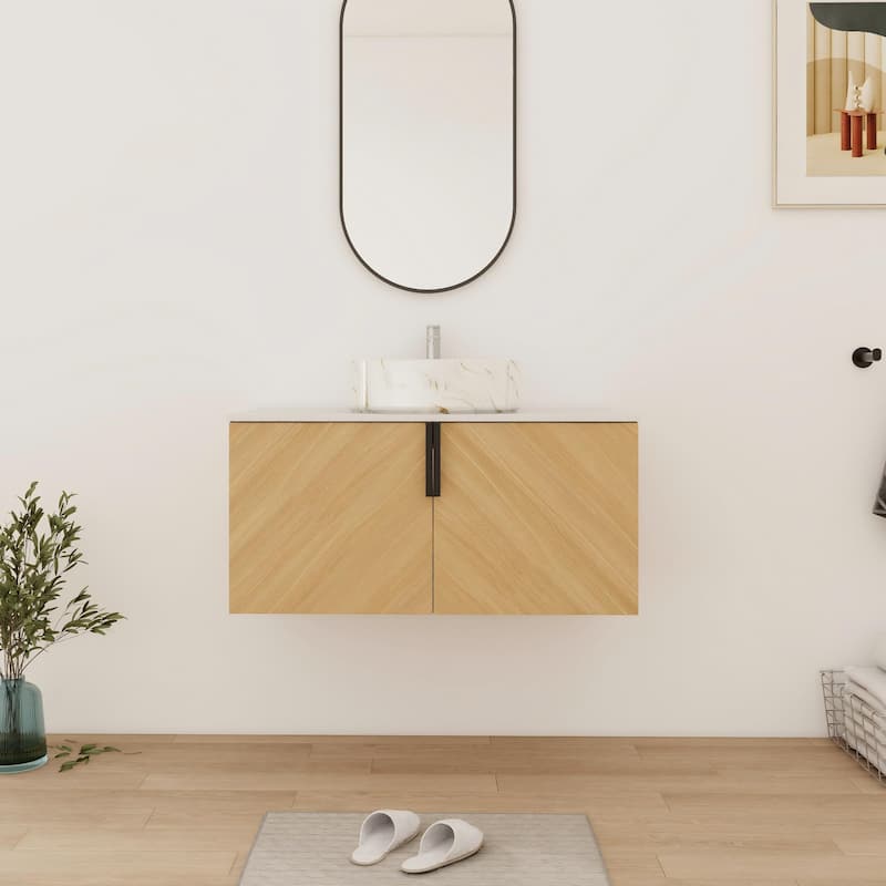 Bathroom Vanity With Sink In 30/36 Inch, Floating Bathroom Vanity With 2 Soft Close Doors - 29.5''W×18.88''D×21.8''H - Beige-White with golden lines