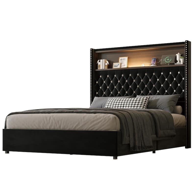 Full Size Velvet Tufted Soft Bed Frame with USB Port and Night Light, 52" High Headboard with Rivet Decoration